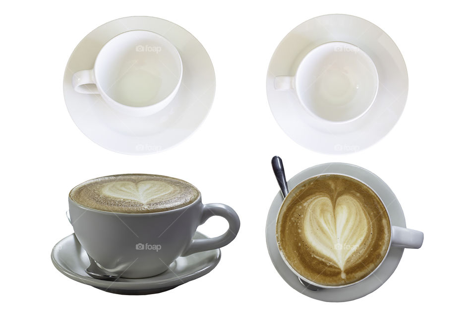 Top view of the glass and Hot coffee Espresso topped with a heart-shaped milk on a white background with clipping path.