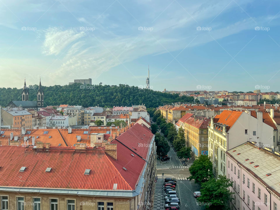 View from the office window on streets of Prague.