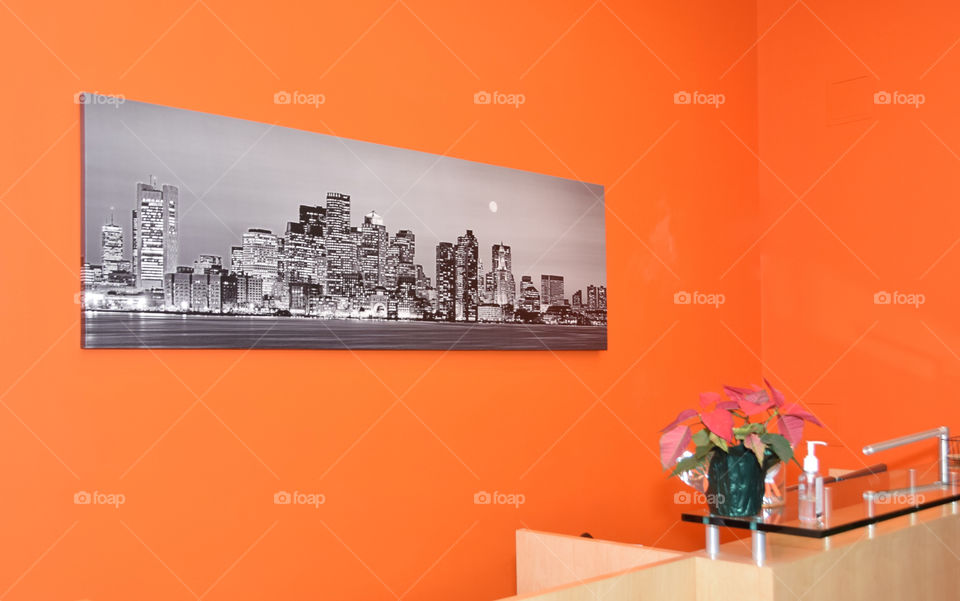 Orange color story. Vivid painted wall interior