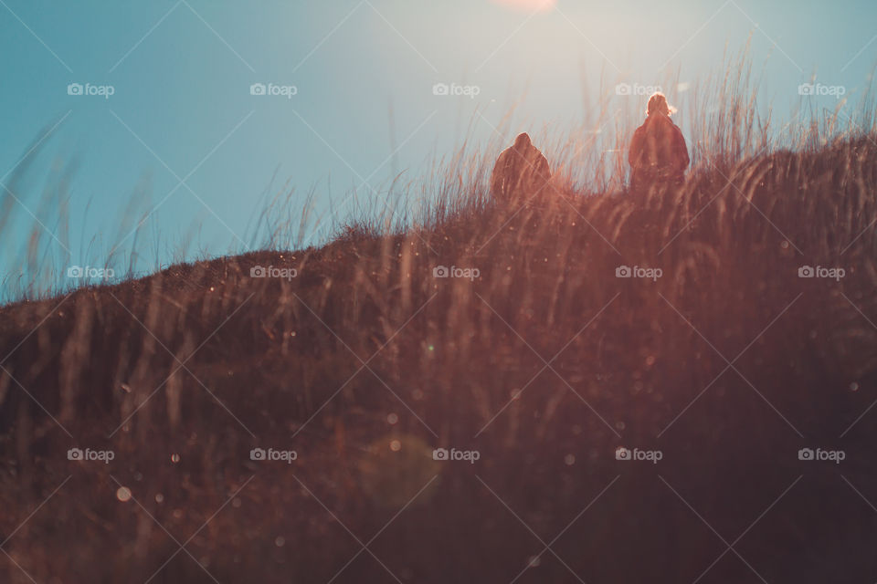 Autumn in The Bieszczady Mountains in Poland. Grass colored in many shades of brown. View of the hikers on a mountain trail from distance. Direct sunlight into the lens