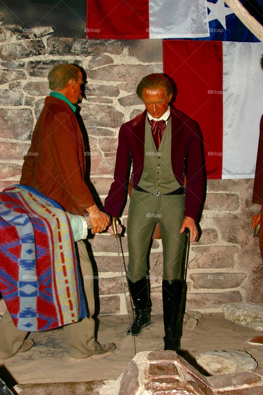 Waxwork tableau of Colonel James Travis at the Alamo 