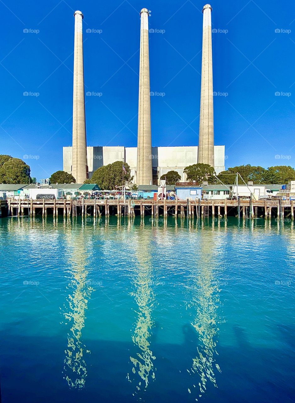 Waterscapes With Reflections! Morro Bay California Pier And Closed Power Plant Stacks Reflections On the Water!