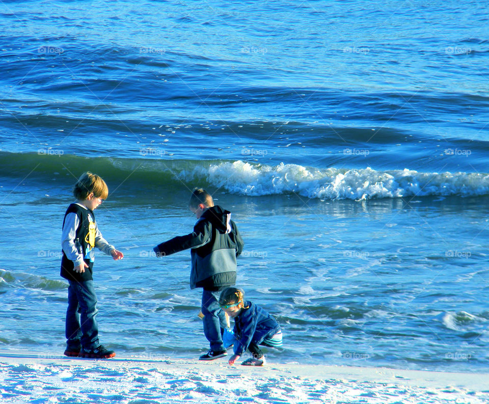 Kids play. Children collecting shells on a warm spring day 