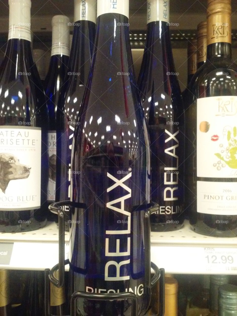 Blue wine bottle of Relax Riesling 