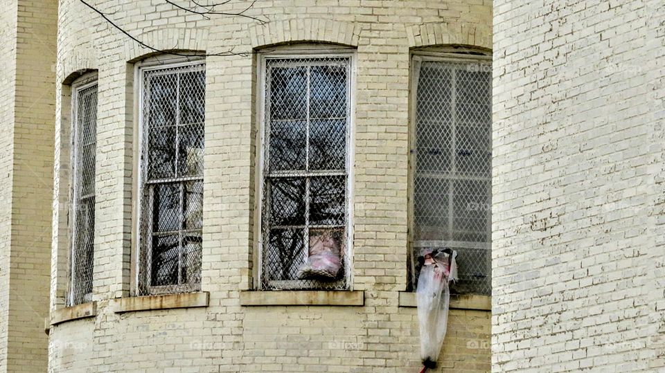 Barred windows on old asylum