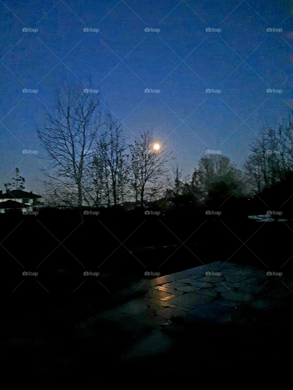 reflection of full moon on stone terrace at night