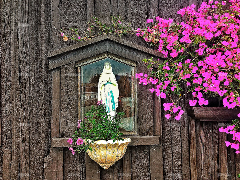 Statue of the Virgin Mary in a store window