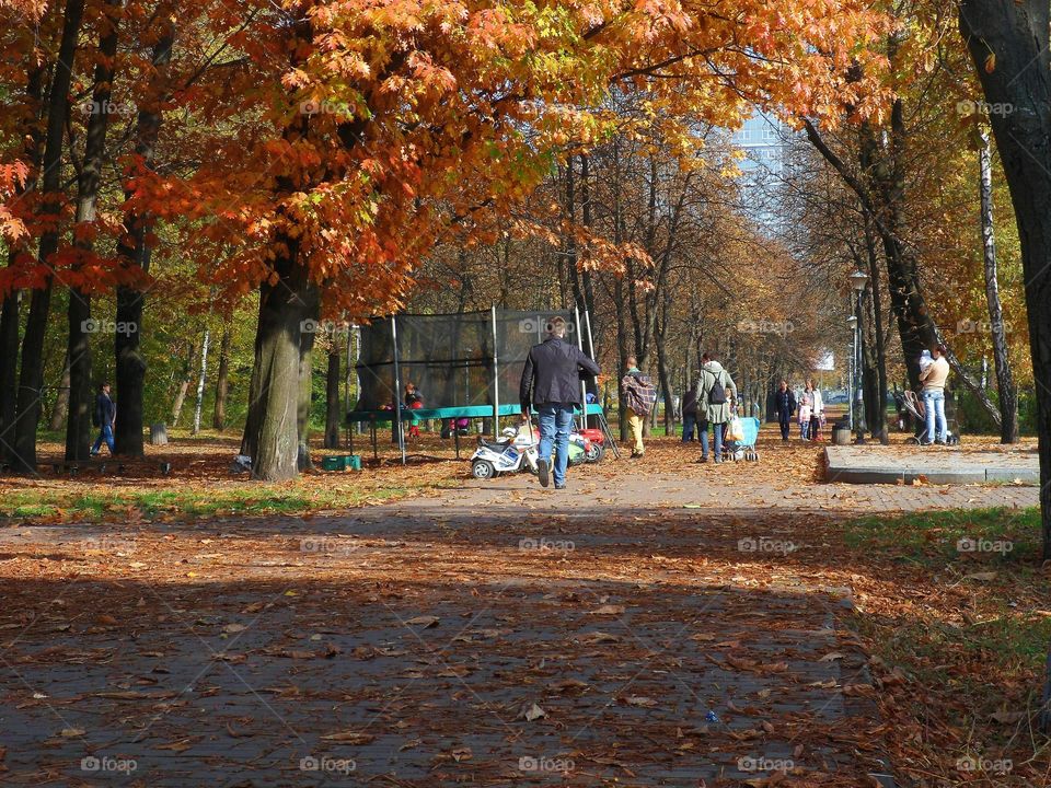 adults and children are walking in autumn park,Kiev,Ukraine