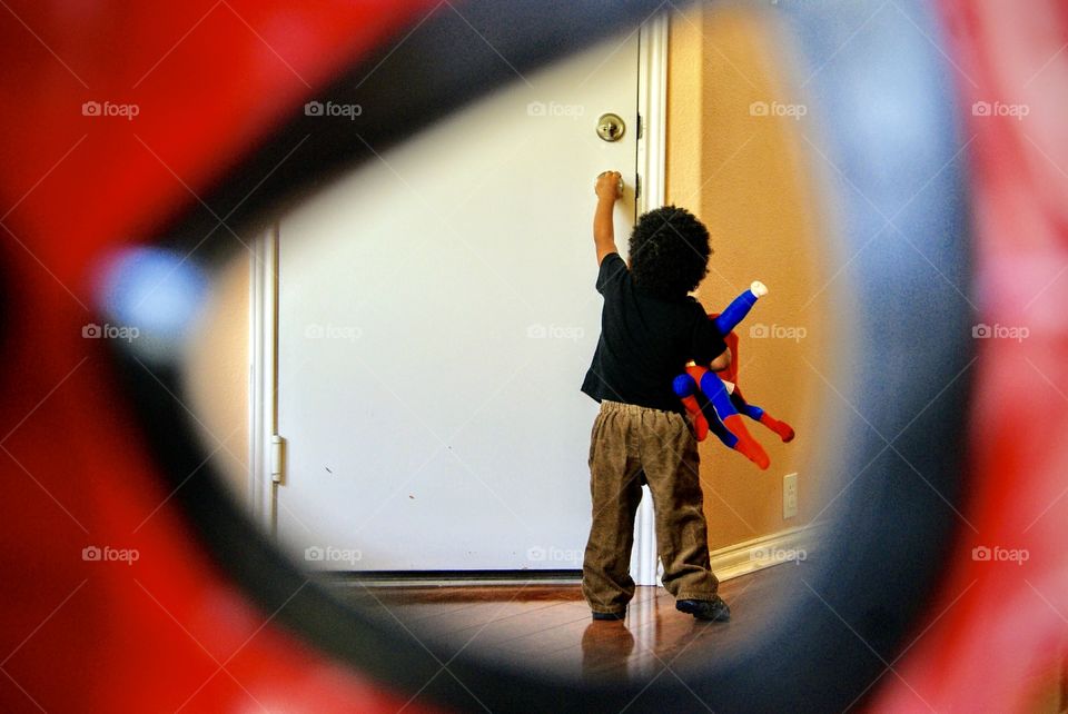 Spiderman keeps a watchful eye out for Superman & I as we go check-out the strange noise in the garage. Sshhh...we have to be very quiet.  My Mom says good friends will always WANT to watch your back, even during the most stickiest situations.