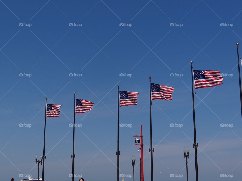 Patriotic . Row of American flags at Navy Pier