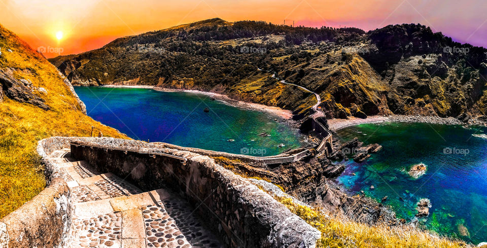 San Juan de Gaztelugatxe landscape at sunset. Tourist destination where Game of Thrones was recorded.