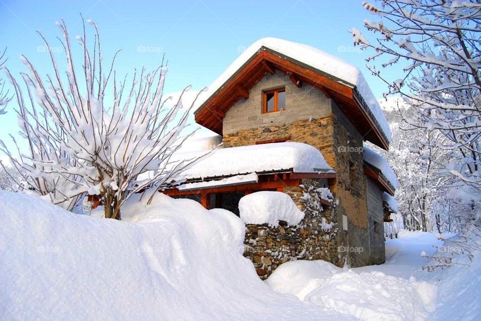 French mountain house under the snow