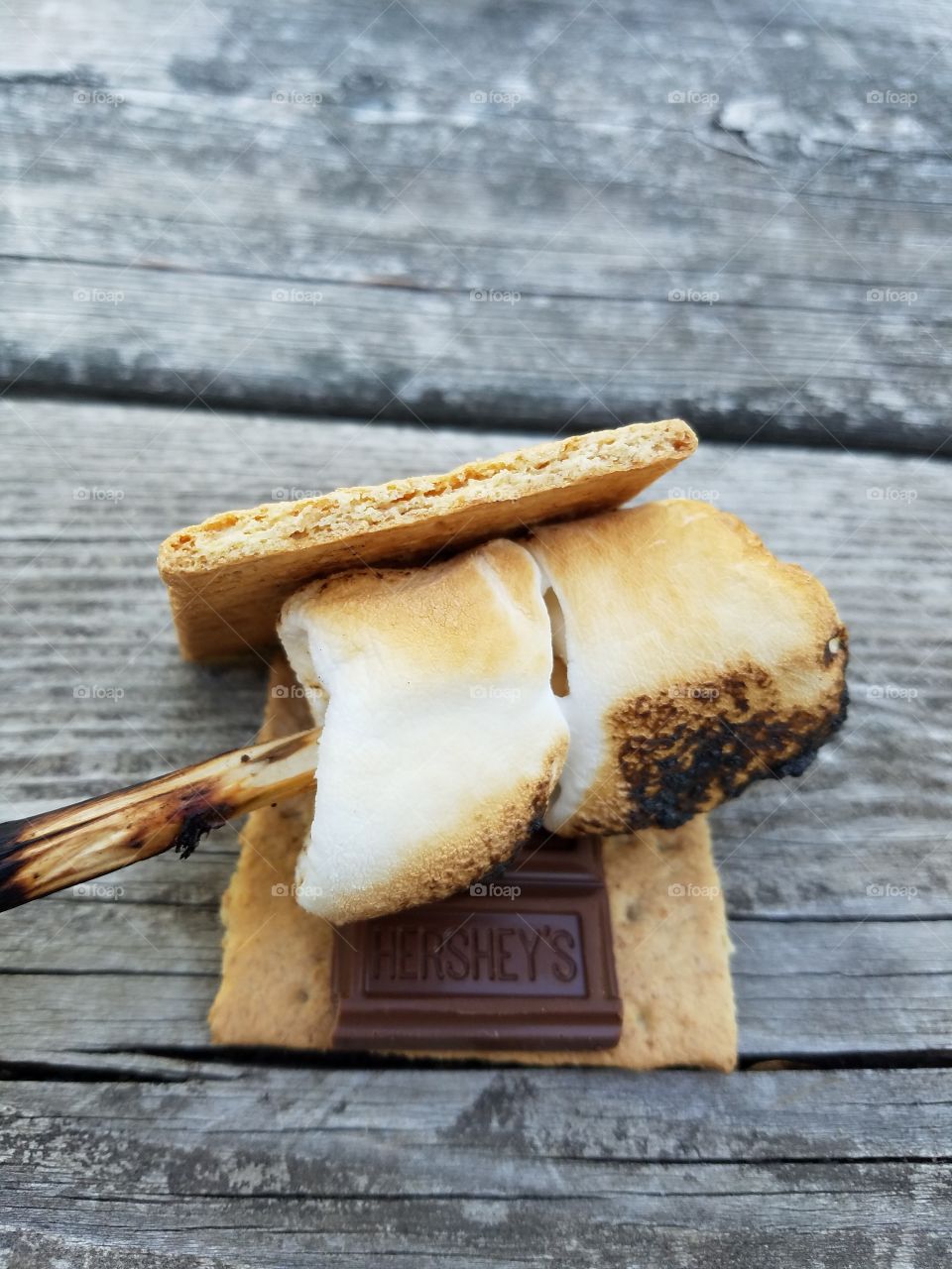 Close-up of a smore on wooden table