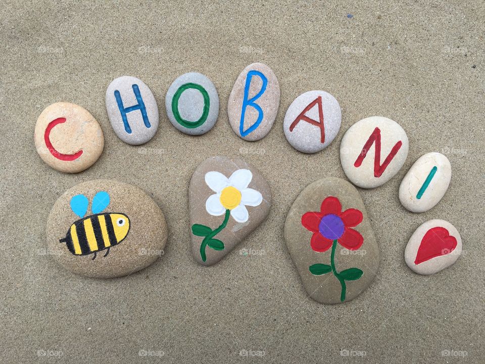 Chobani, greek yogurt name on stones