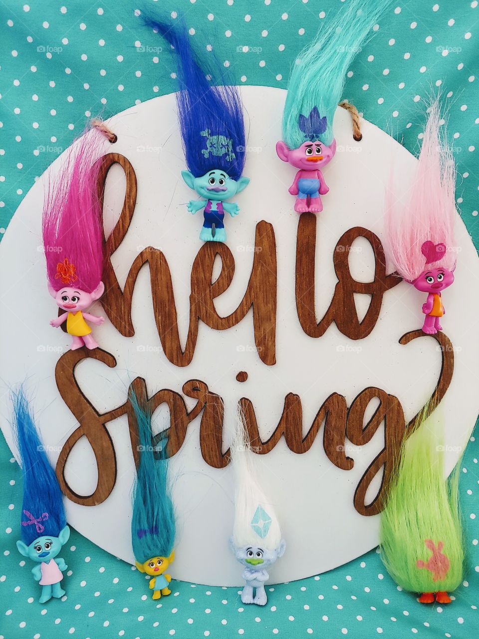 Hello Spring Wood Lettering Sign with Disney Troll Characters