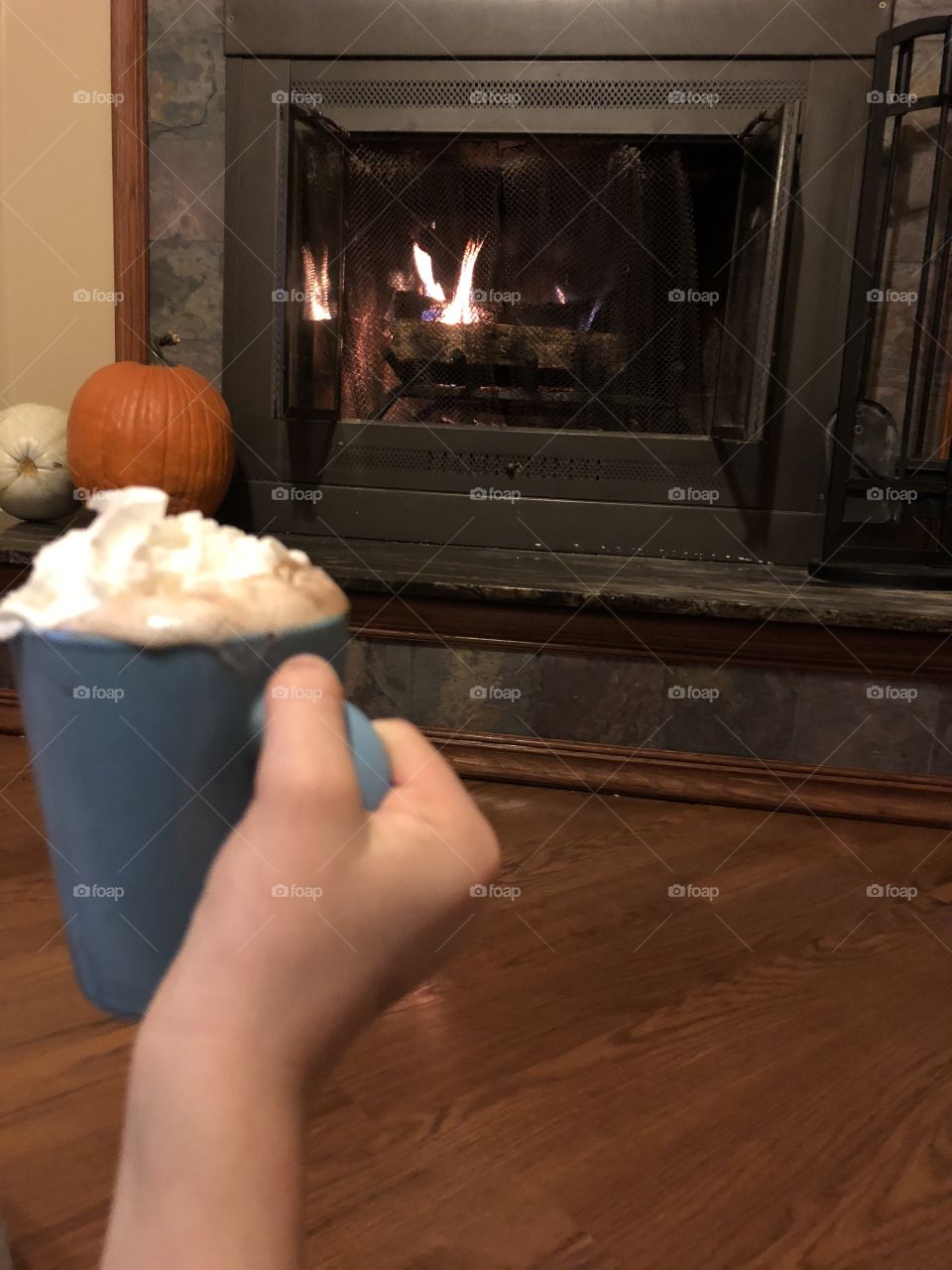Hot chocolate by the fireplace
