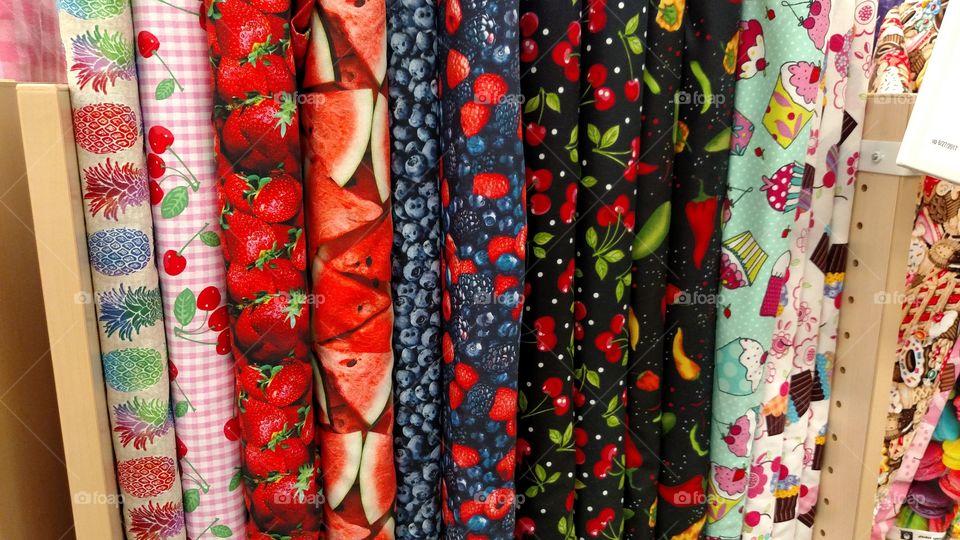 fruit themed fabric bolts
