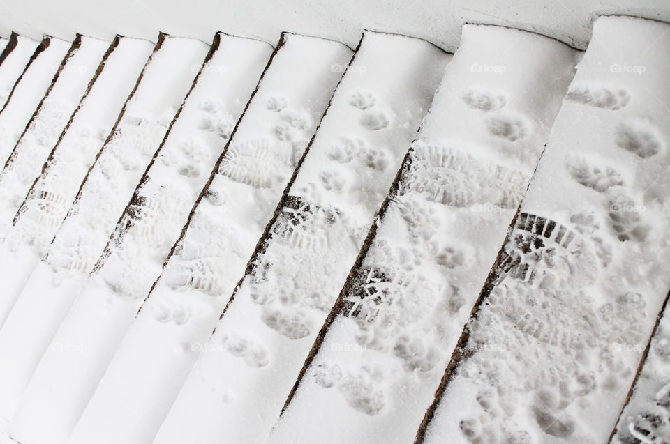 Footsteps in snow- men and his best friend