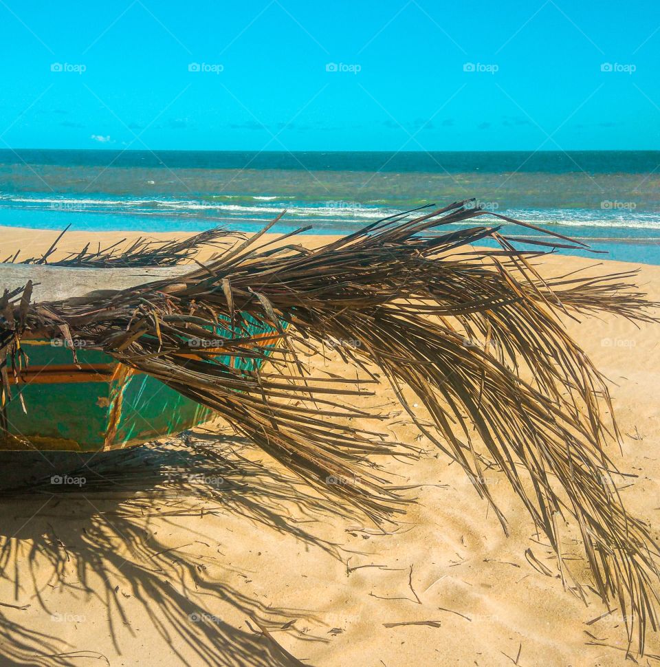 barco de pesca abandonado Praia com folhas de coqueiro em cima