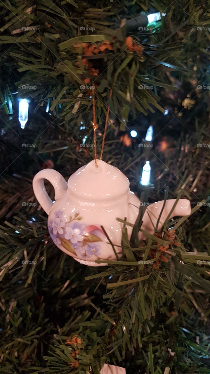 mini teapot on a christmas tree in Alaska