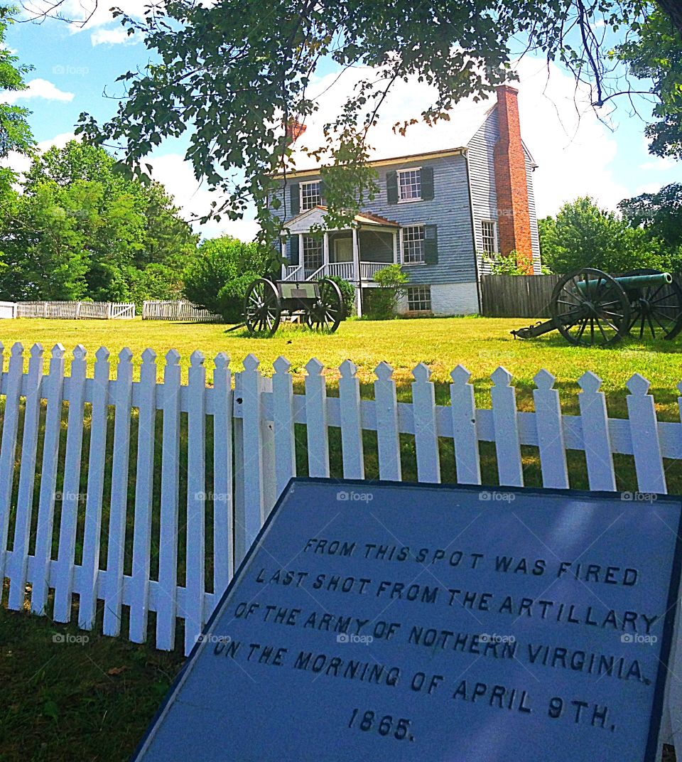 Appomattox, Virginia: spot where last shot was fired; picket fence, cannon, Civil War, signage, historical 