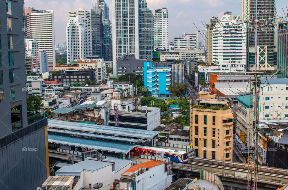 A Skytrain Station and the Cityscape of the Metropolitan City Bangkok Thailand Southeast Asia