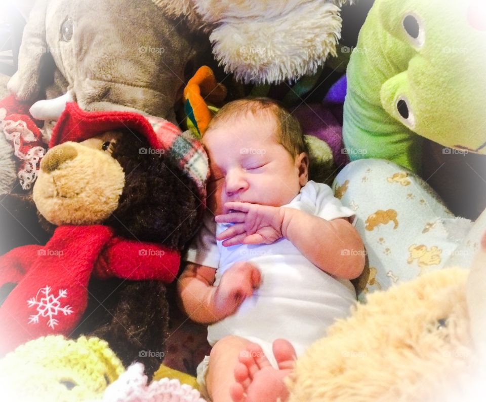 Newborn baby sleeping with teddy bears