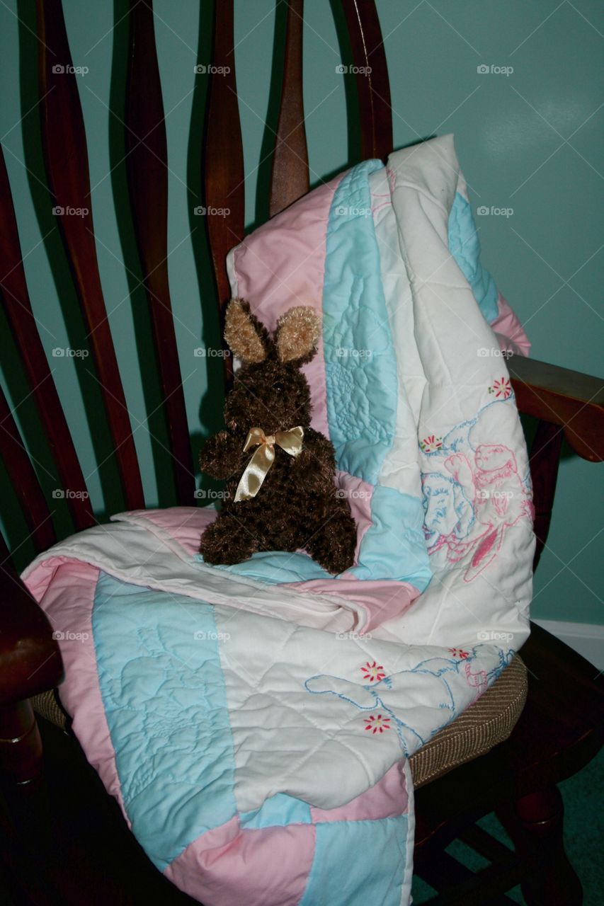 Rocking Chair. Rocking chair, baby blanket and bunny