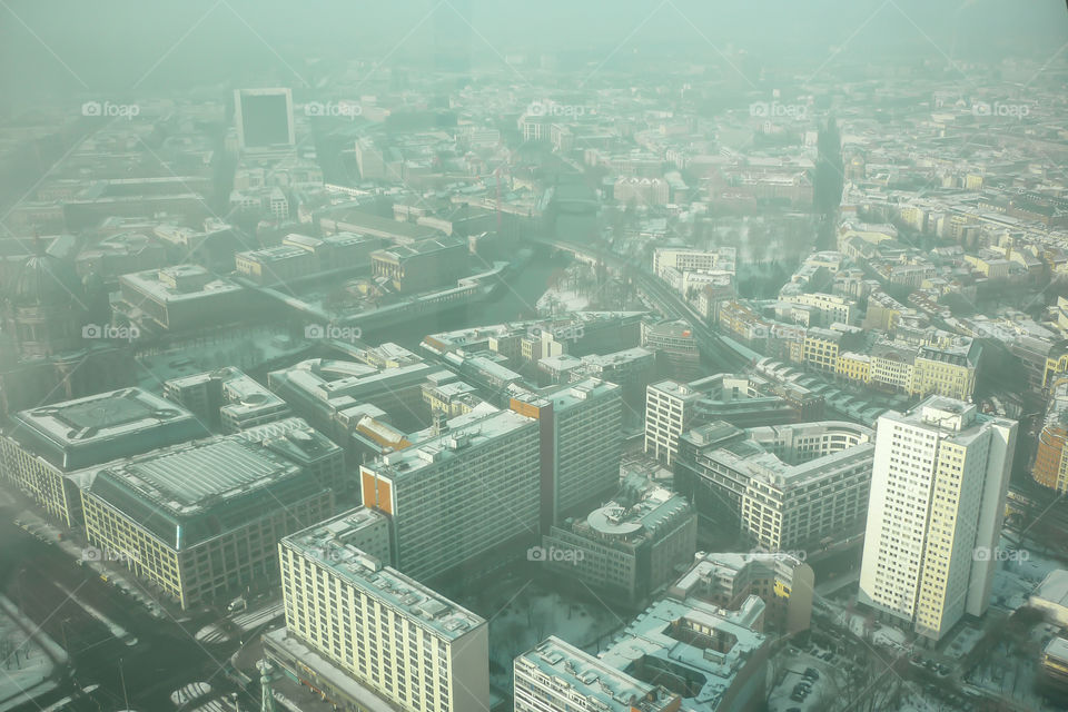 Fog covering Berlin city in winter days.