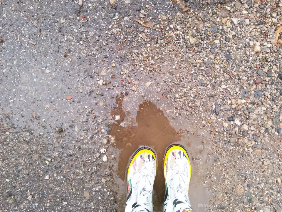 Muddy Puddles . rain boots in a muddy puddle