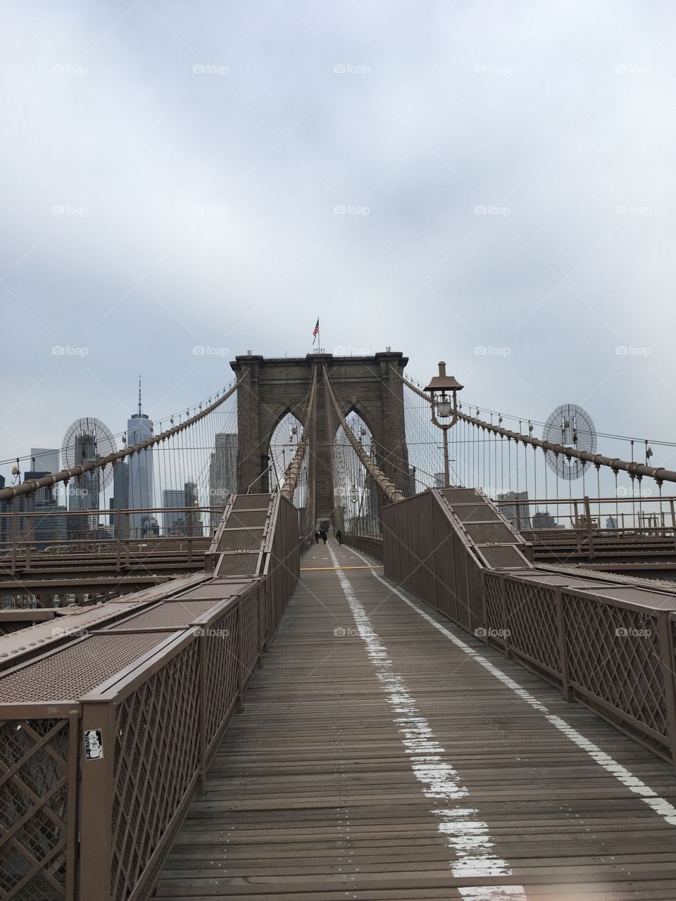 Brooklyn Bridge with Manhattan in the background.