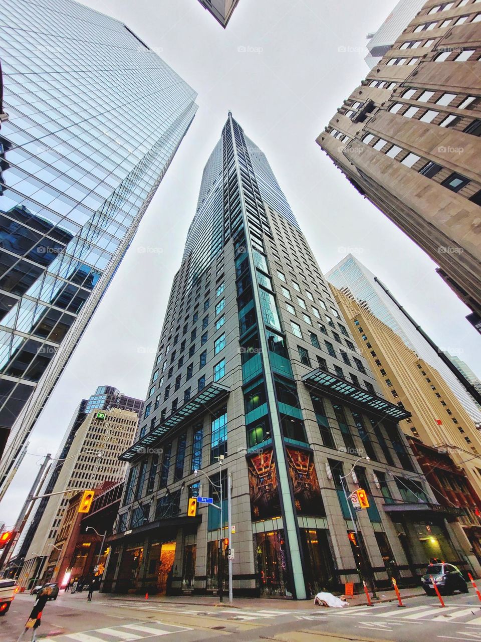 Urban city view. Toronto,  Canada. Old, modern architecture. Landmark close up. Details of house. Street, cars