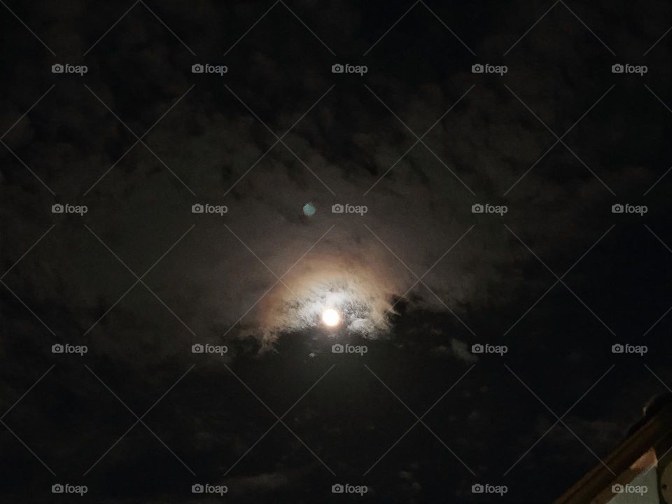 Cold Light From The Moon And The Moonbeam Above The Top Of The Trees With A Halo Of Light And Colors Surrounded With Clouds.