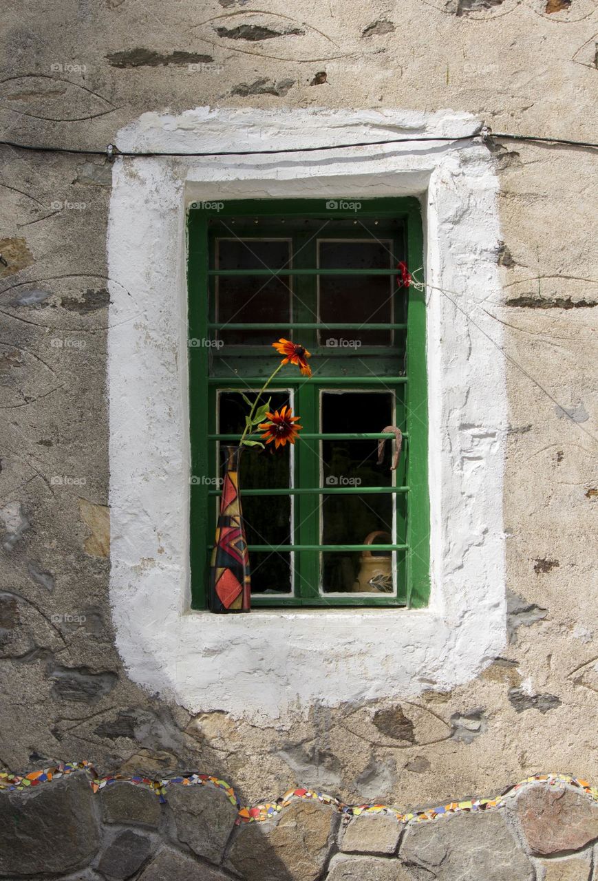 Flower in a vase on the window of country house