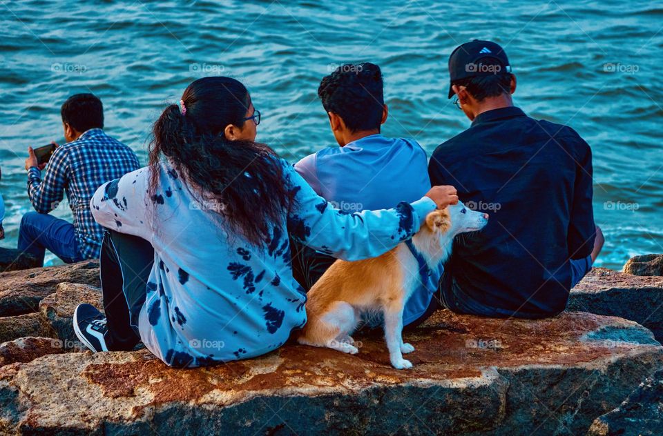 A girl petting her dog and having a light and happy moment with her friends sitting in a sea shore