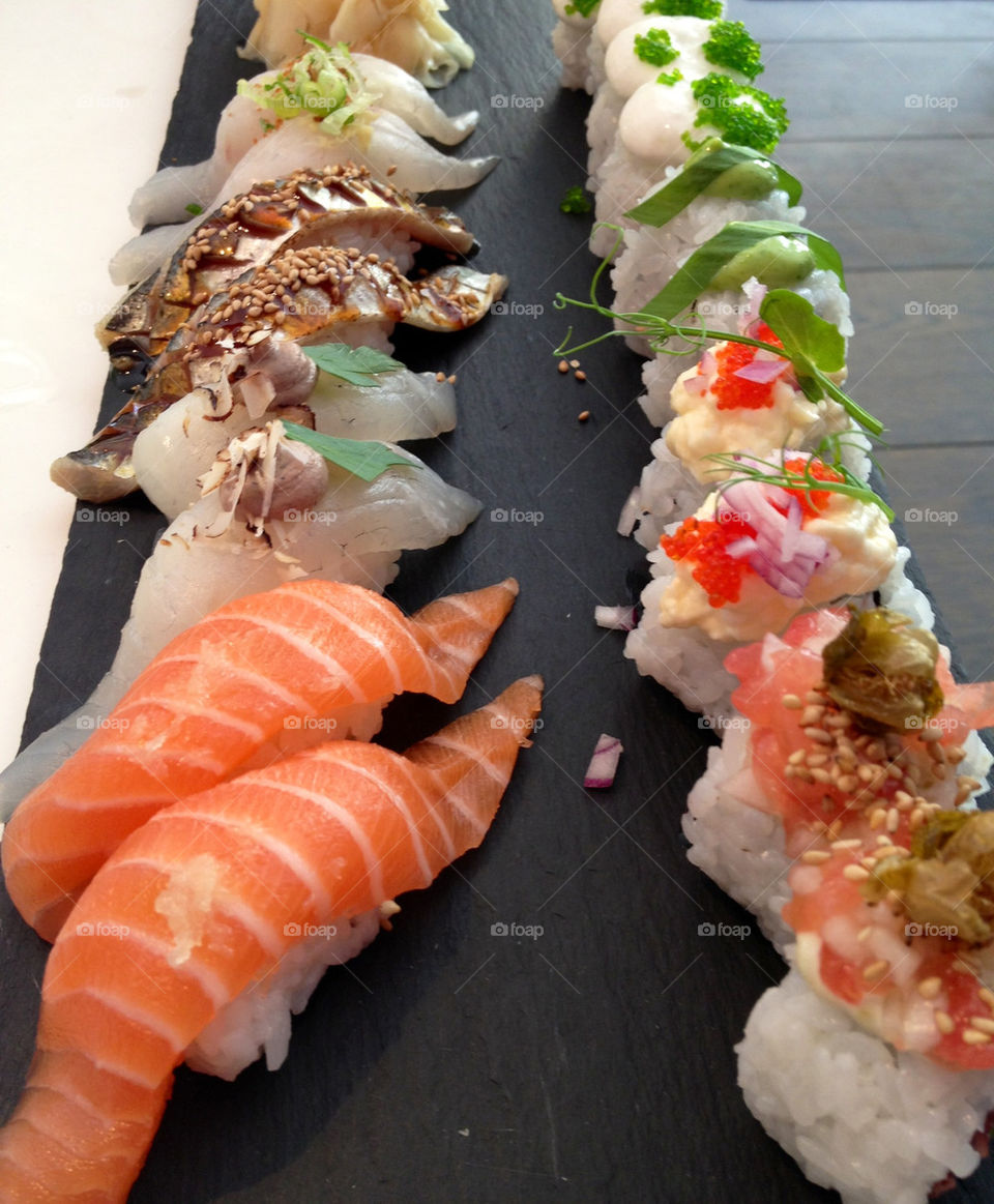 High angle view of sushi on table