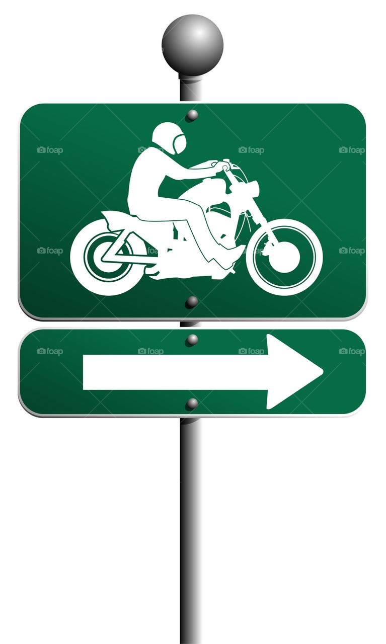 Green Road sign with motorcycle silhouette and arrow pointing Direction