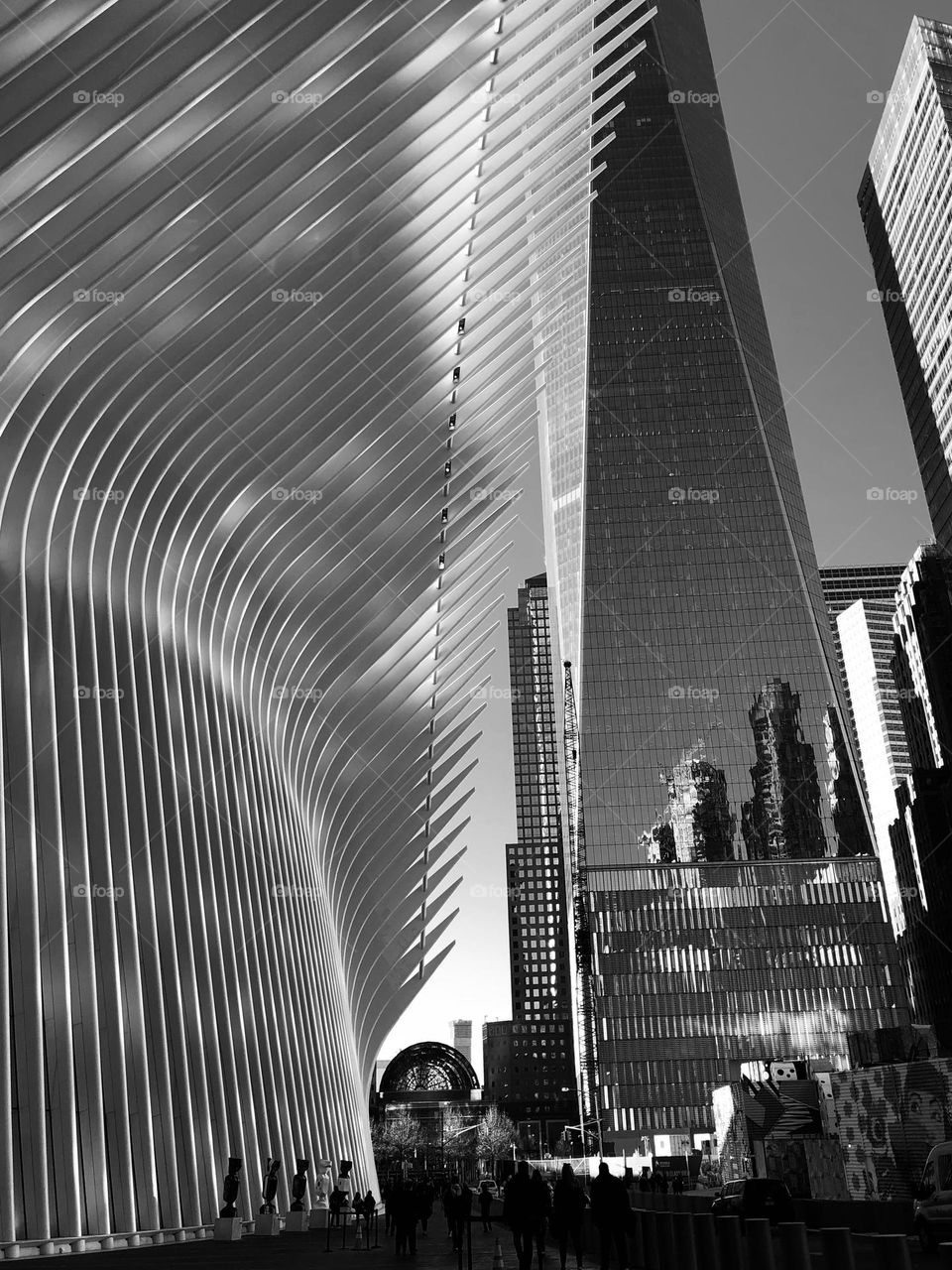 Westfield World Trade Center architecture in New York, black and white architecture, not recognizable people 