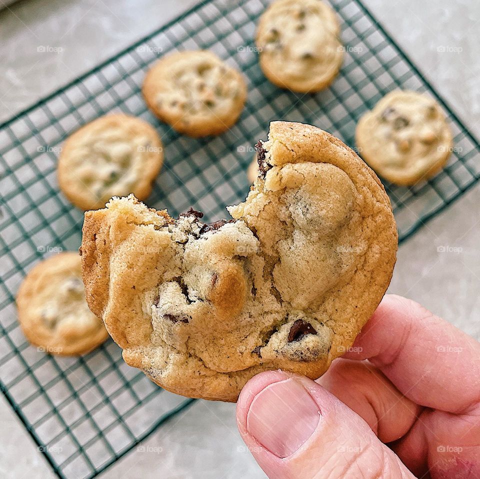 Woman holding chocolate chip cookies, eating cookies fresh from the oven, chocolate chip cookies cooking on a rack, woman’s hand holding cookie, cookies are the best 