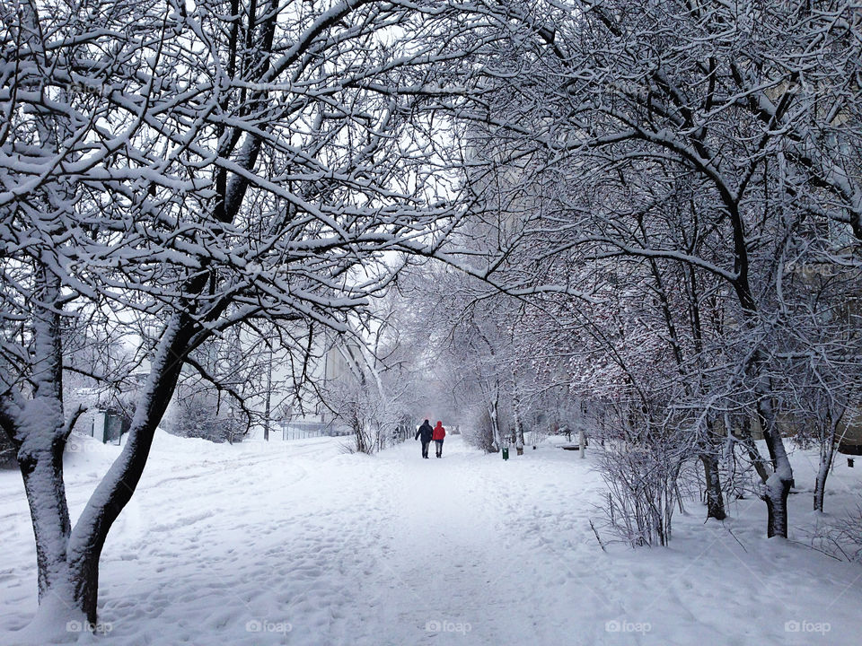 Couple walking in winter 