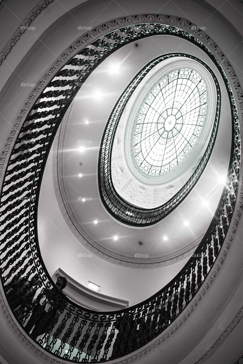 View from bottom to an eliptical Windows in the ModernArt museum in Glasgow