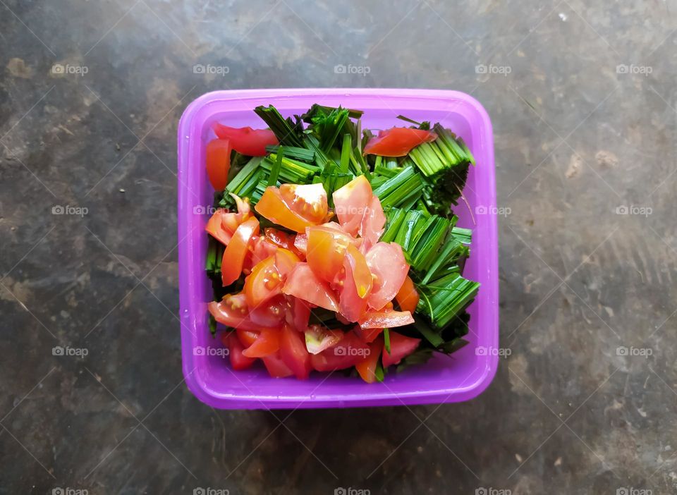 chopped tomatoes and vegetables in a plastic container