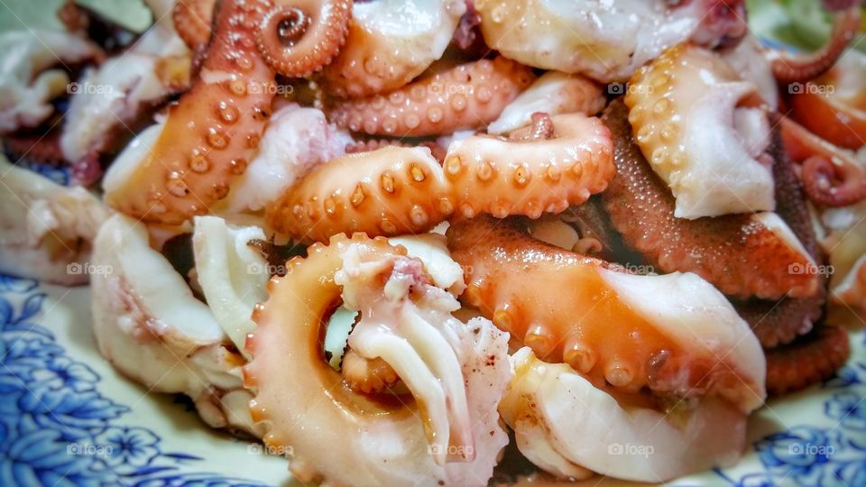 Cooked octopus tentacles cut into bite sized pieces presented on a plate. Image features red coloration and suction cups.