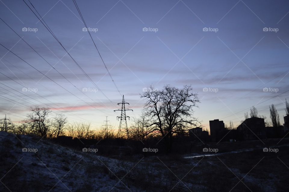 sunset in the winter city