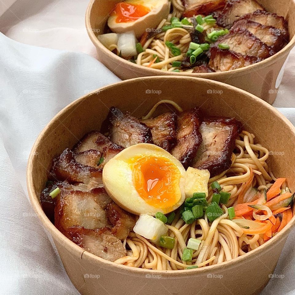 Scallion oil noodles with honey glazed char siew pork , ajitsuke egg and pickled vegetables 