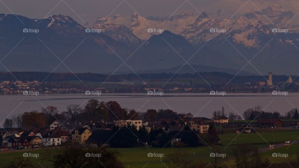 View of lake sempach at sunset