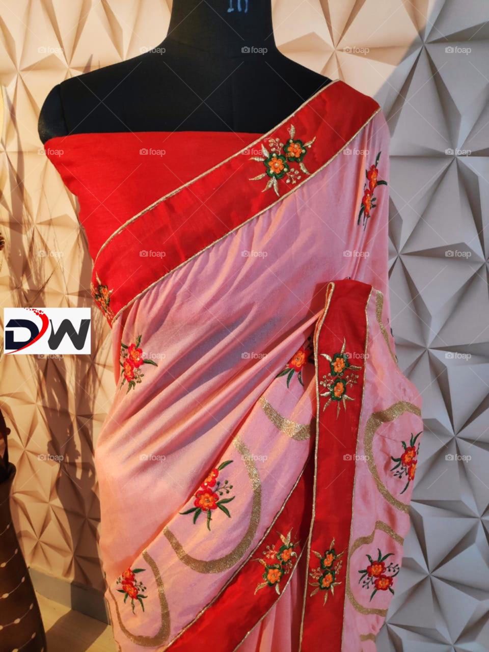 pink embroidered floral design red border Indian saree
