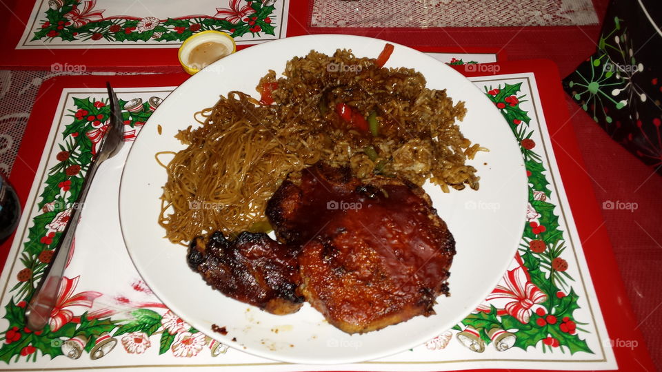 bbq pork chop bbq wings rice and Chinese  noodle homemade