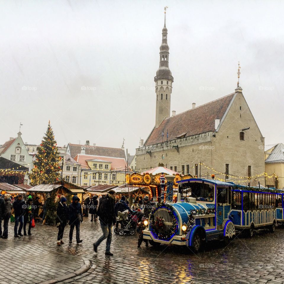 Tallinn, Estonia, Christmas martlet, blue street train 