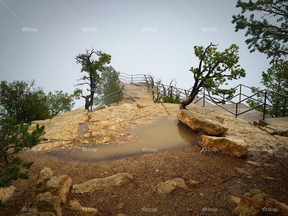 Metallic railing on mountain